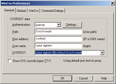 WinCVS preferences dialog